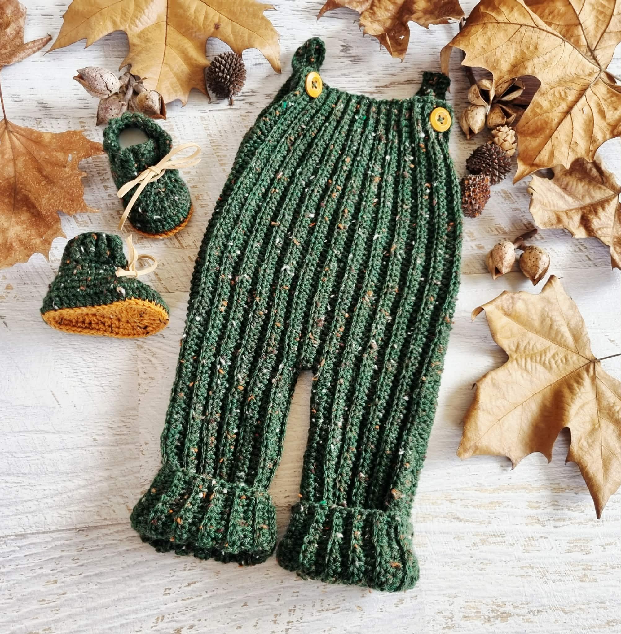 Baby Dungarees | Newborn | Overalls | Pants | Romper | Forest Green Tweed | Crochet