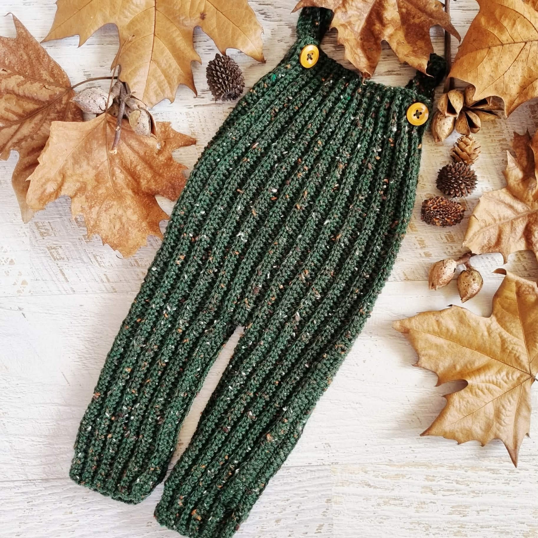 Baby Dungarees | Newborn | Overalls | Pants | Romper | Forest Green Tweed | Crochet
