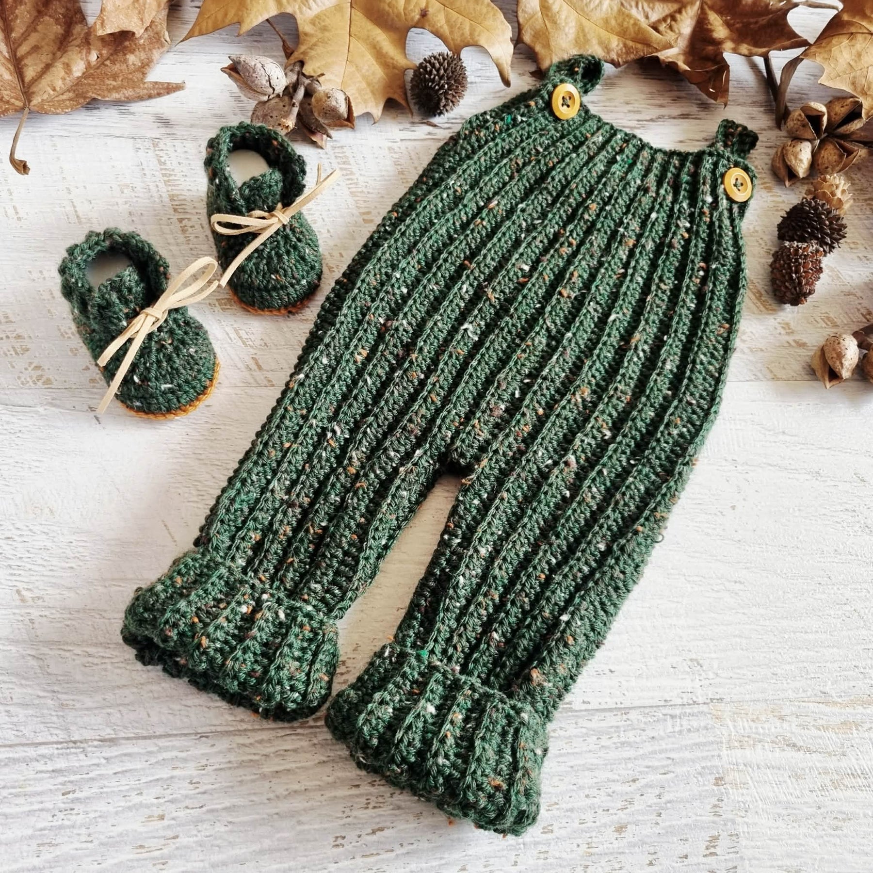 Baby Dungarees | Newborn | Overalls | Pants | Romper | Forest Green Tweed | Crochet