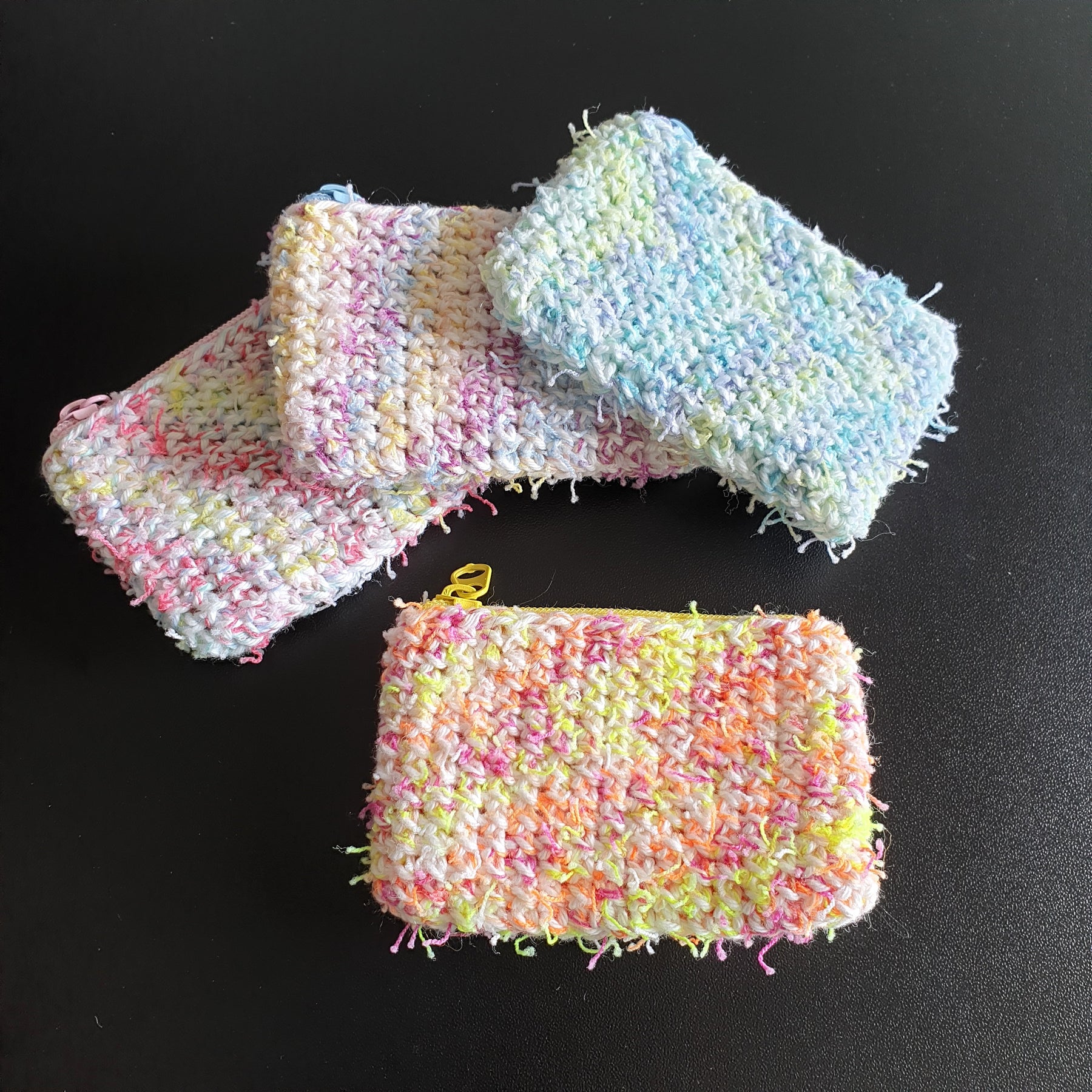 Handmade Mini Colourful Zippered Crochet Coin Purse : Blue Green Pink Yellow Purple Orange White mix