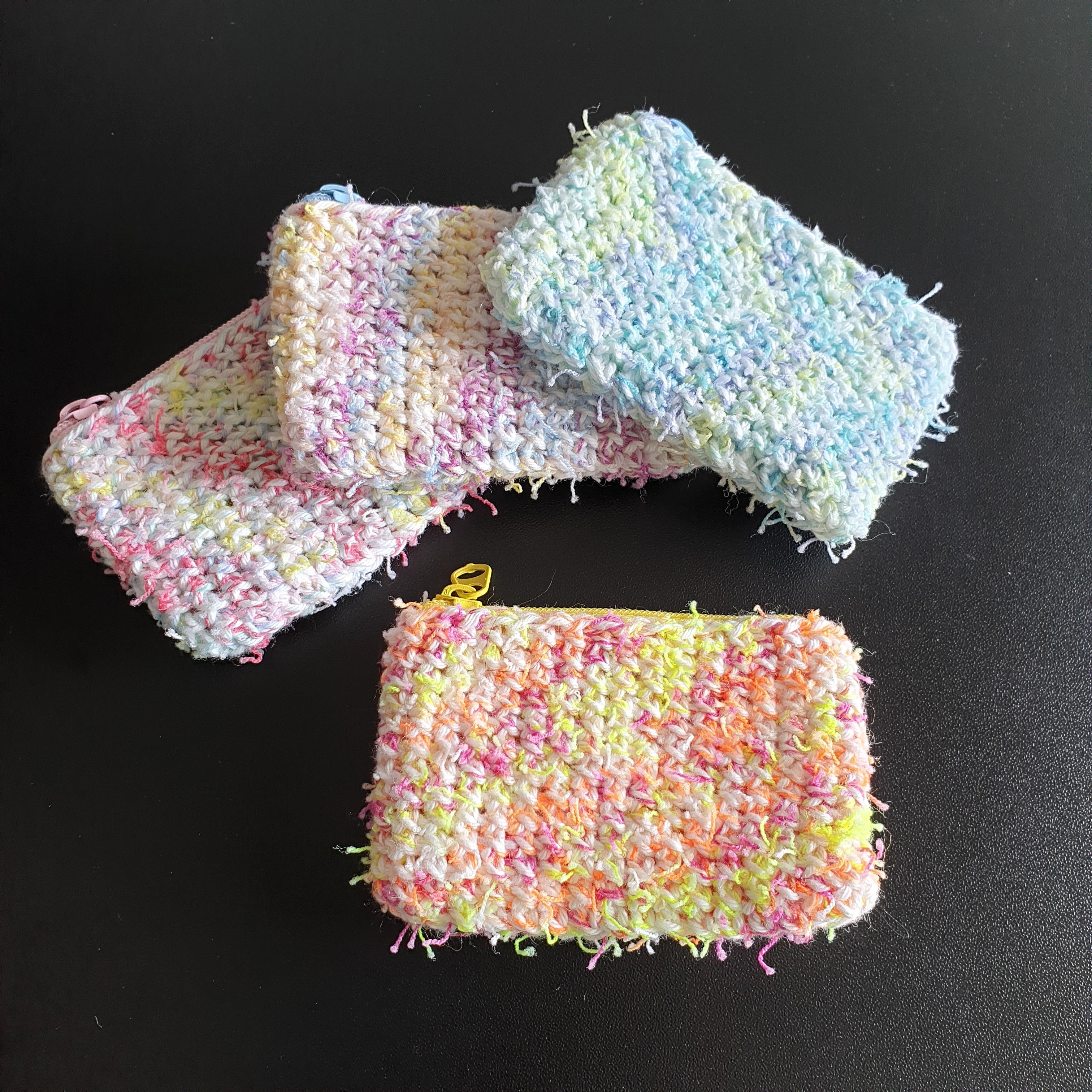 Handmade Mini Colourful Zippered Crochet Coin Purse : Blue Green Pink Yellow Purple Orange White mix