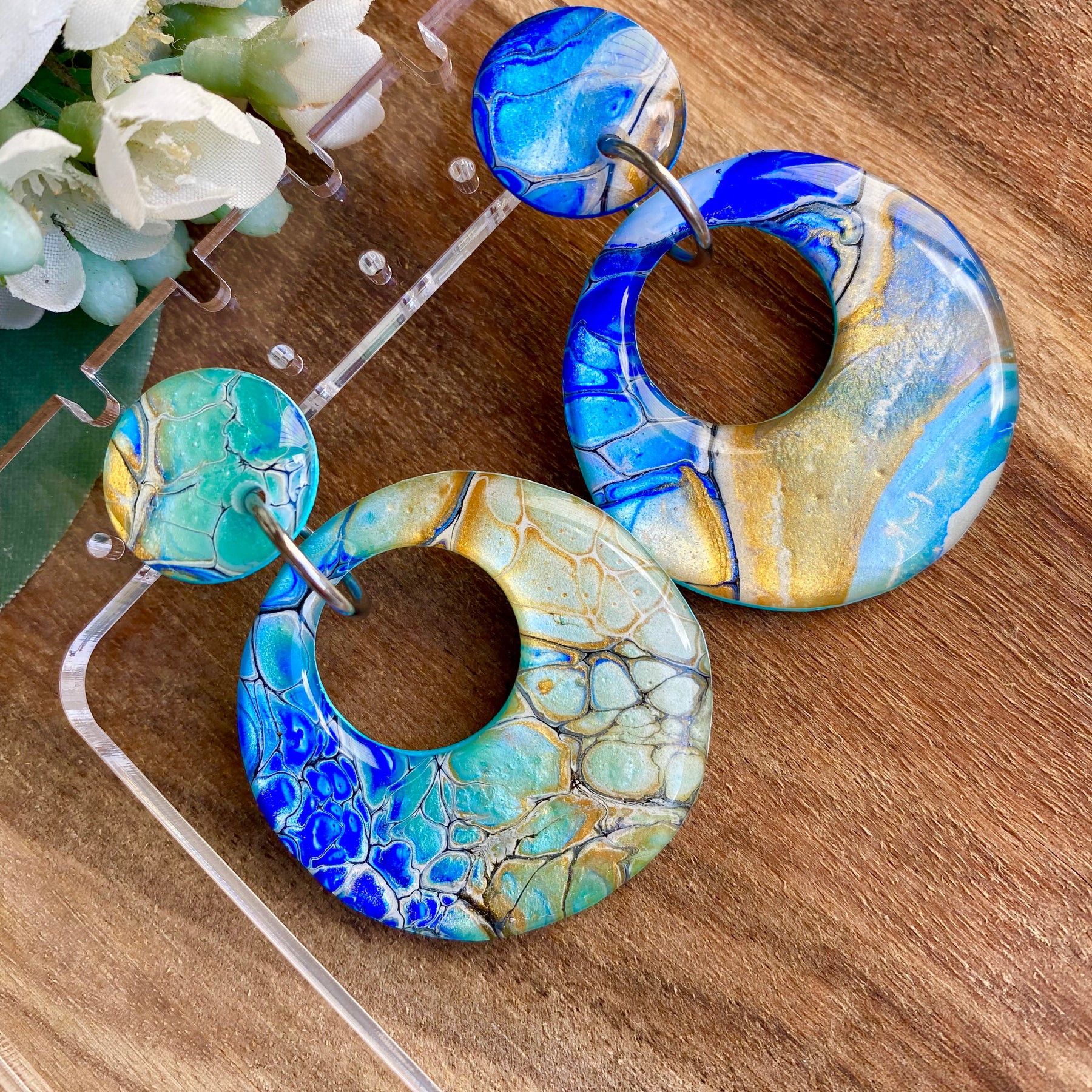 Hand Painted Turquoise Ultramarine Stud Dangle Earrings