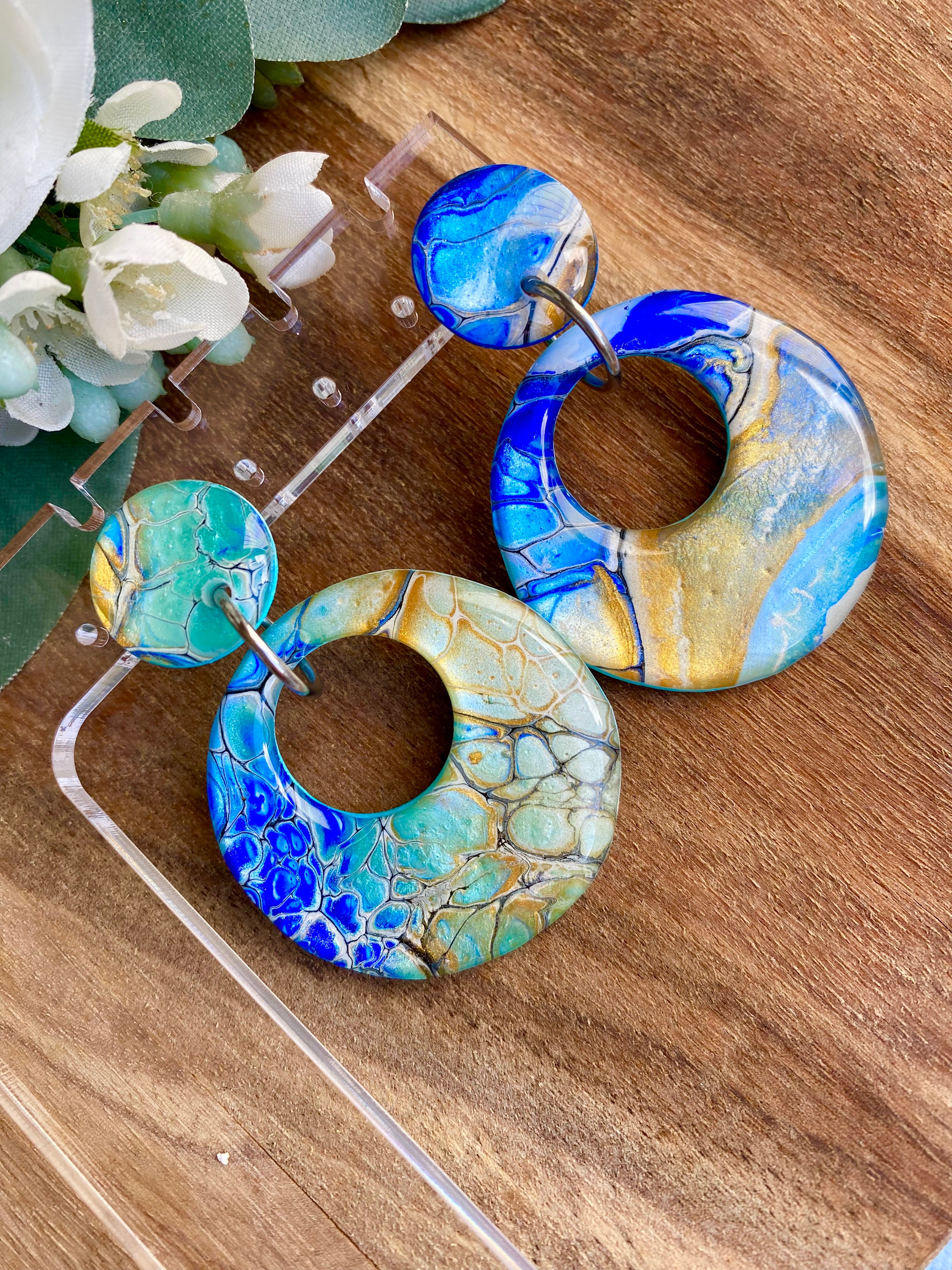 Hand Painted Turquoise Ultramarine Stud Dangle Earrings
