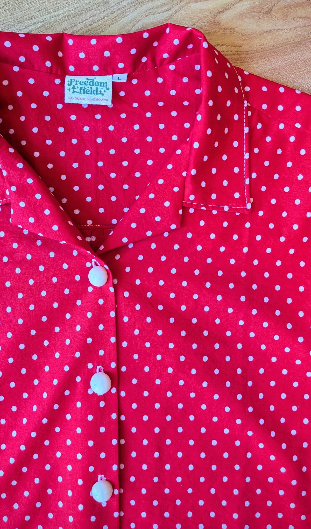 Upcycled Cotton Polka Dot Crop Button-up Shirt (Red & White / Size L)