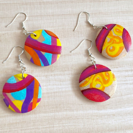 Colourful rainbow hand painted wood dangle earrings