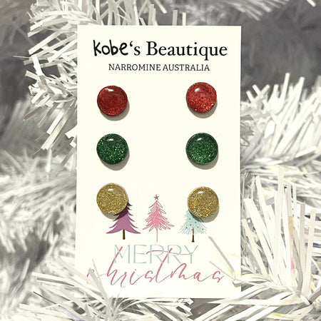 Mini Glitter Christmas Studs. 3pk. Red, Green and Gold.