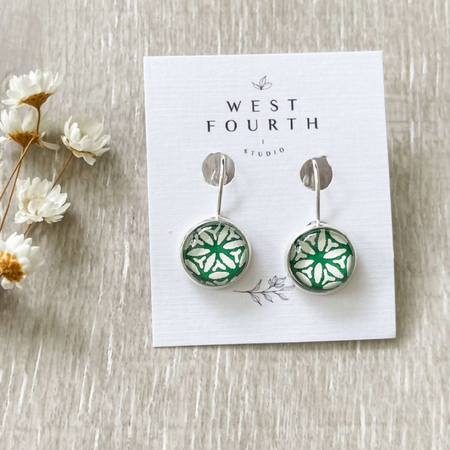 Green Pattern Earrings • Japanese Paper and Glass