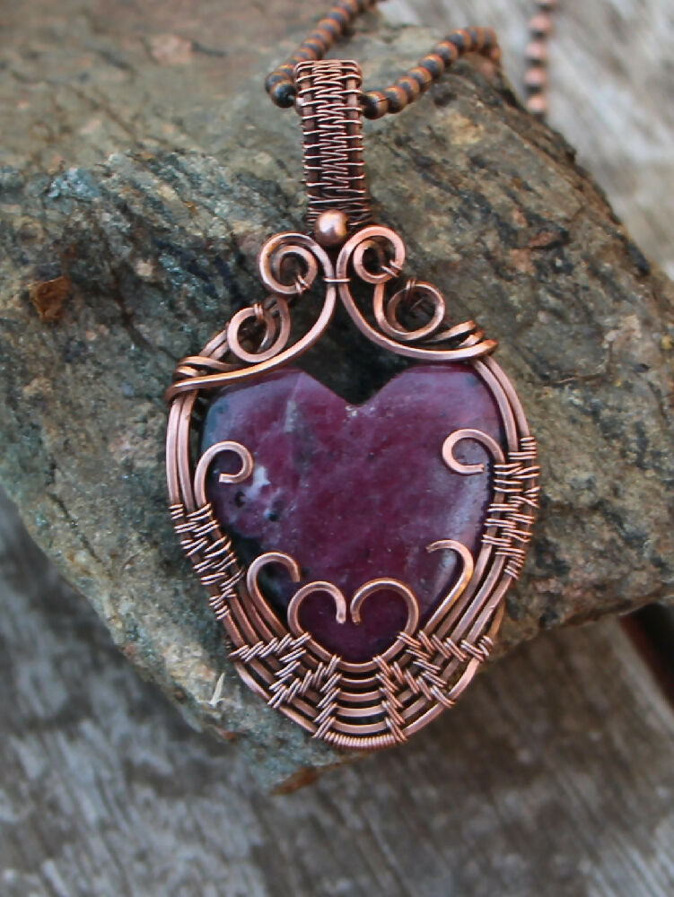 Natural Ruby Heart in woven Copper with chain