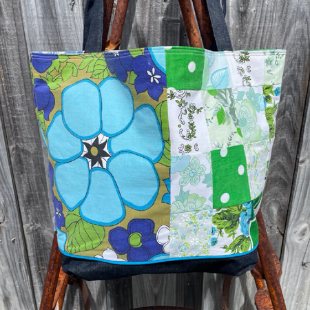 Azure Bloom Tote Bag Vintage Upcycled