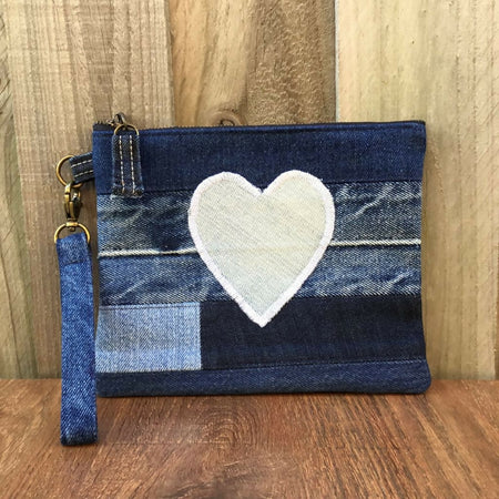 Upcycled Denim Clutch - Blue Heart