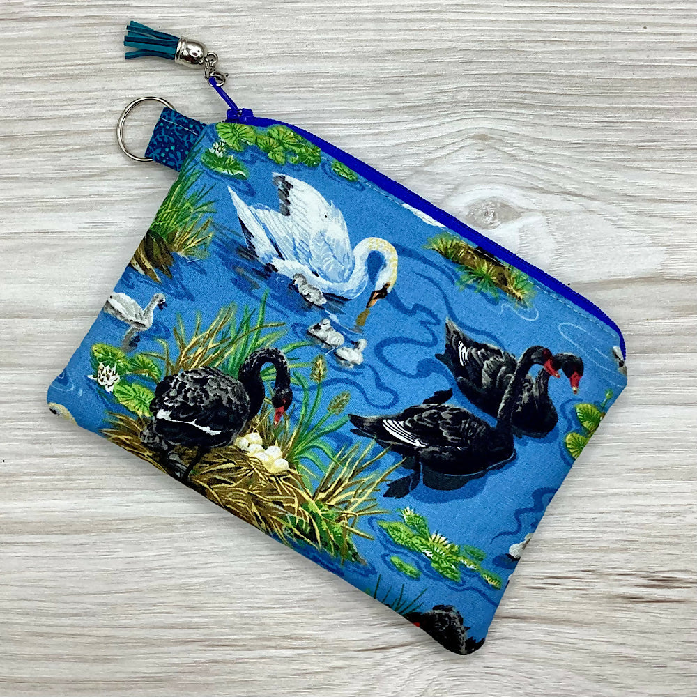 Swans Zip Pouch (18cm x 13cm). Fully lined, lightly padded