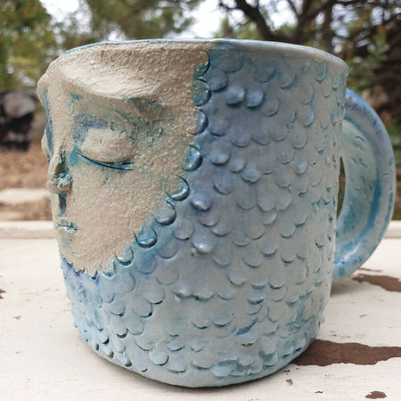 Mermaid mug, hand sculpted, blue gift