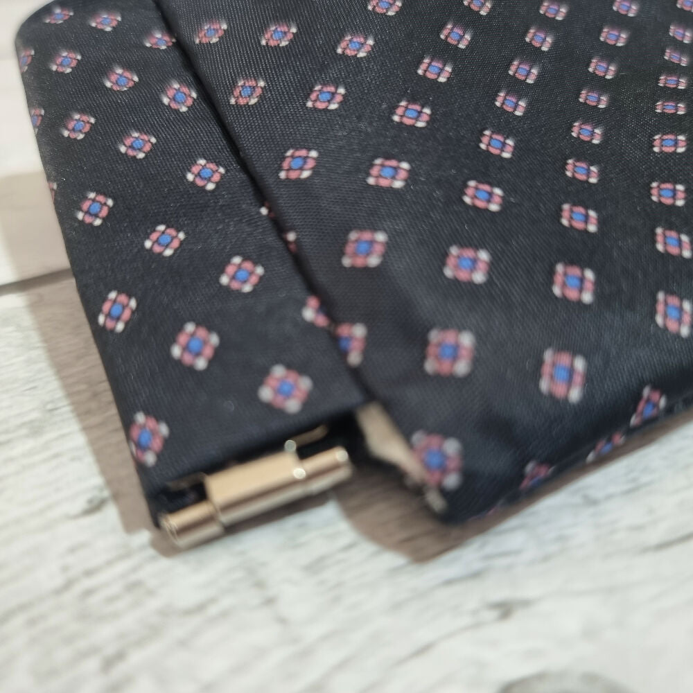 Flex frame glasses pouch, upcycled tie - black, tiny diamond pattern