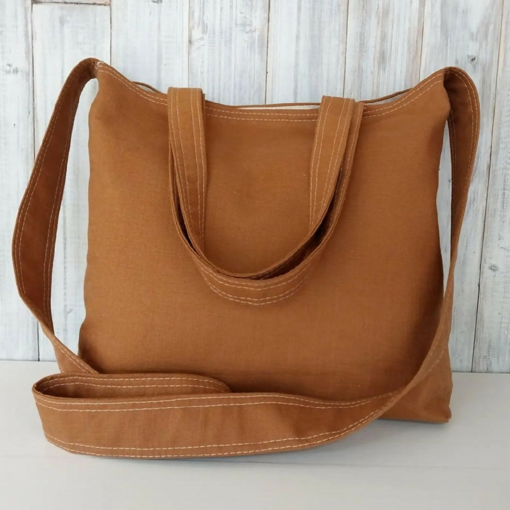 Caramel cotton shoulder bag - Divided pockets, magnetic closure - Handmade bag