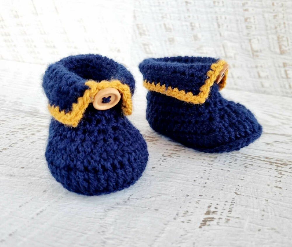 Baby Booties Navy Blue & Mustard Newborn Crochet Knit Shoes Socks