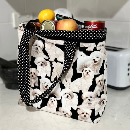 Grocery Tote... Lined with storage pouch... .Maltese Terrier