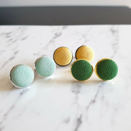 1.4cm Round Green / Yellow Kimono Fabric Cabochon stud earrings