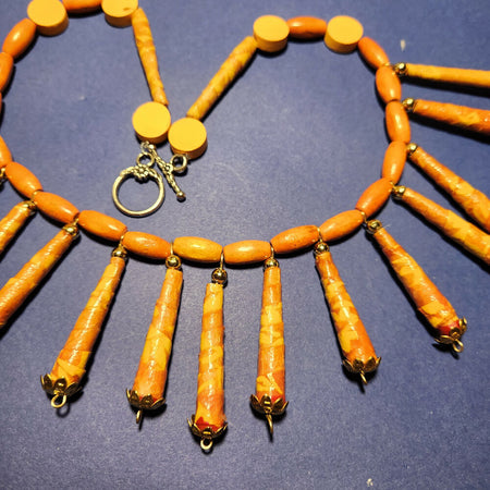 Beaded Neck Handmade paper beads with wooden beads in orange