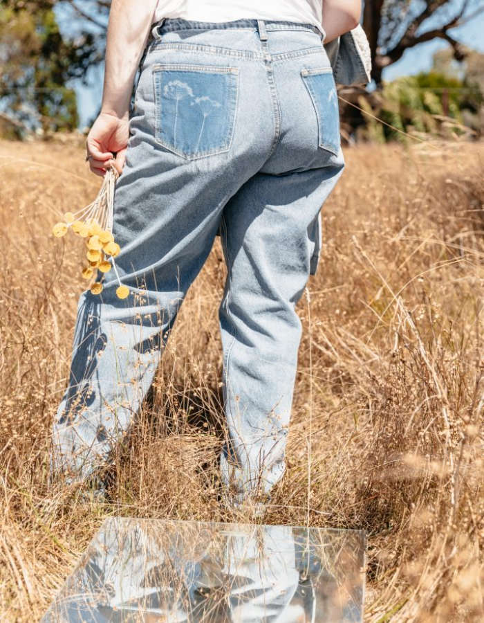 High-Waisted Mom Jeans, Garlic Chive Sun Print