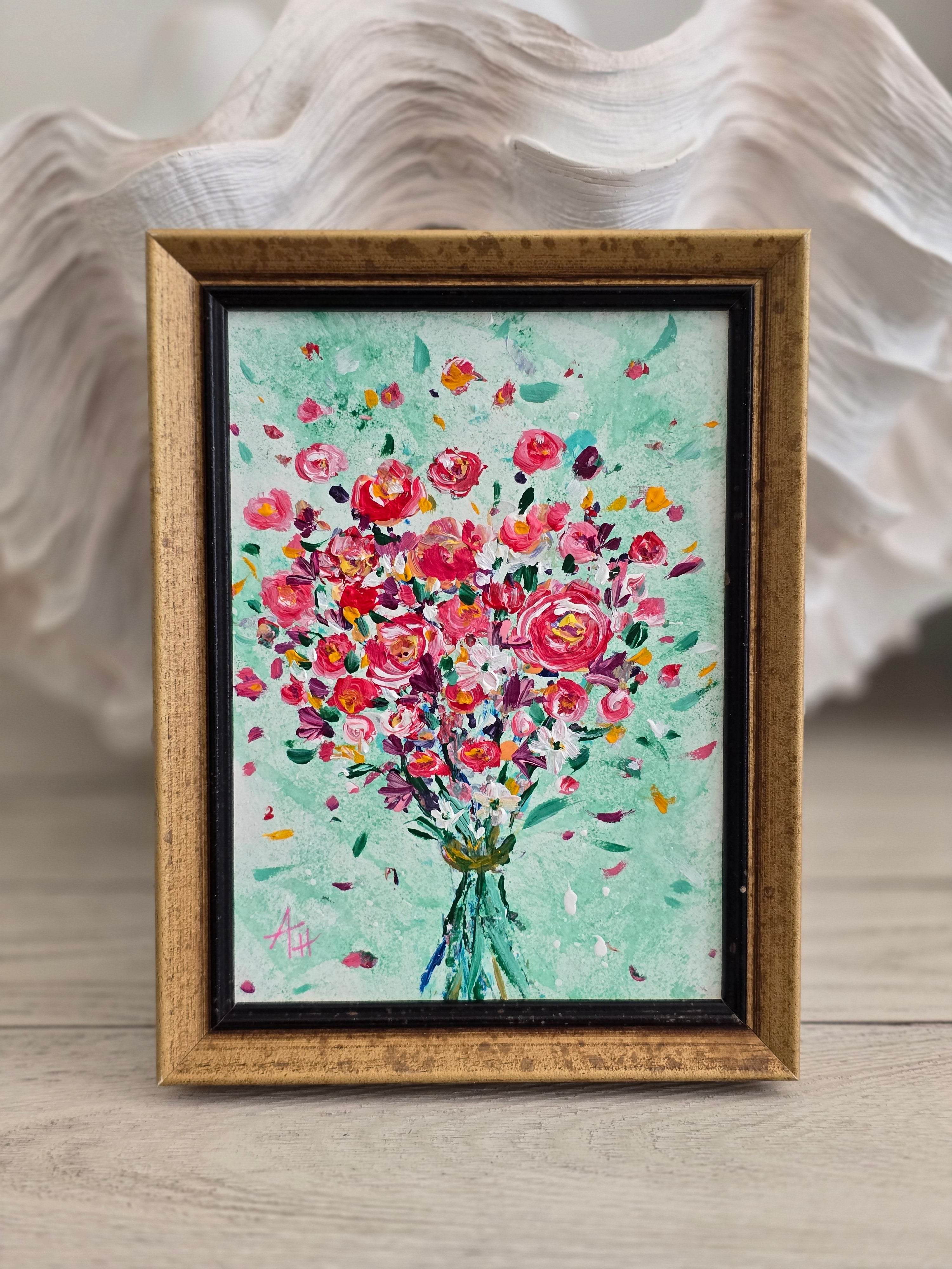 'Red Roses Bouquet' - Framed Artwork