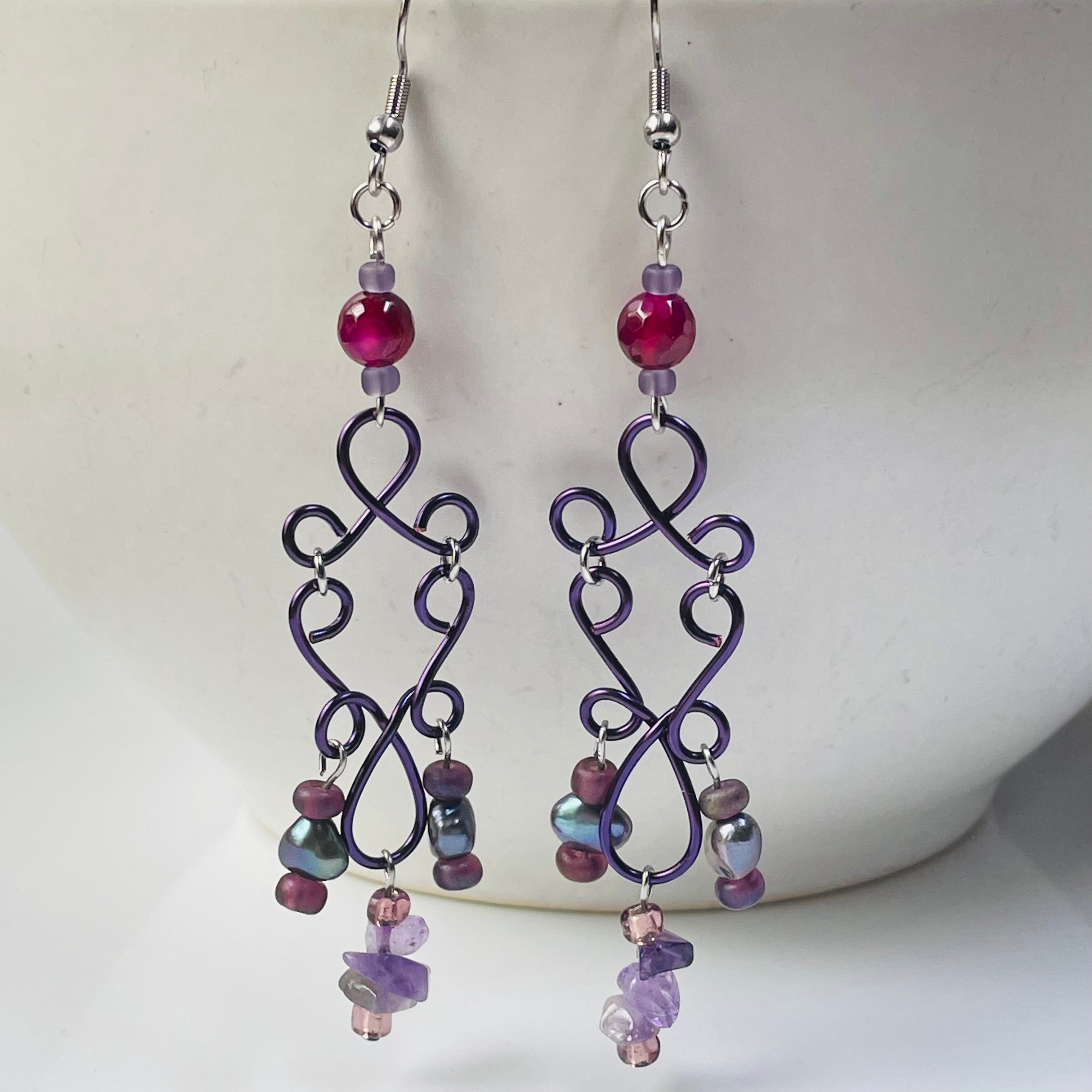 B’s Purple Dangling Wired Earrings with Freshwater Pearls and Agate