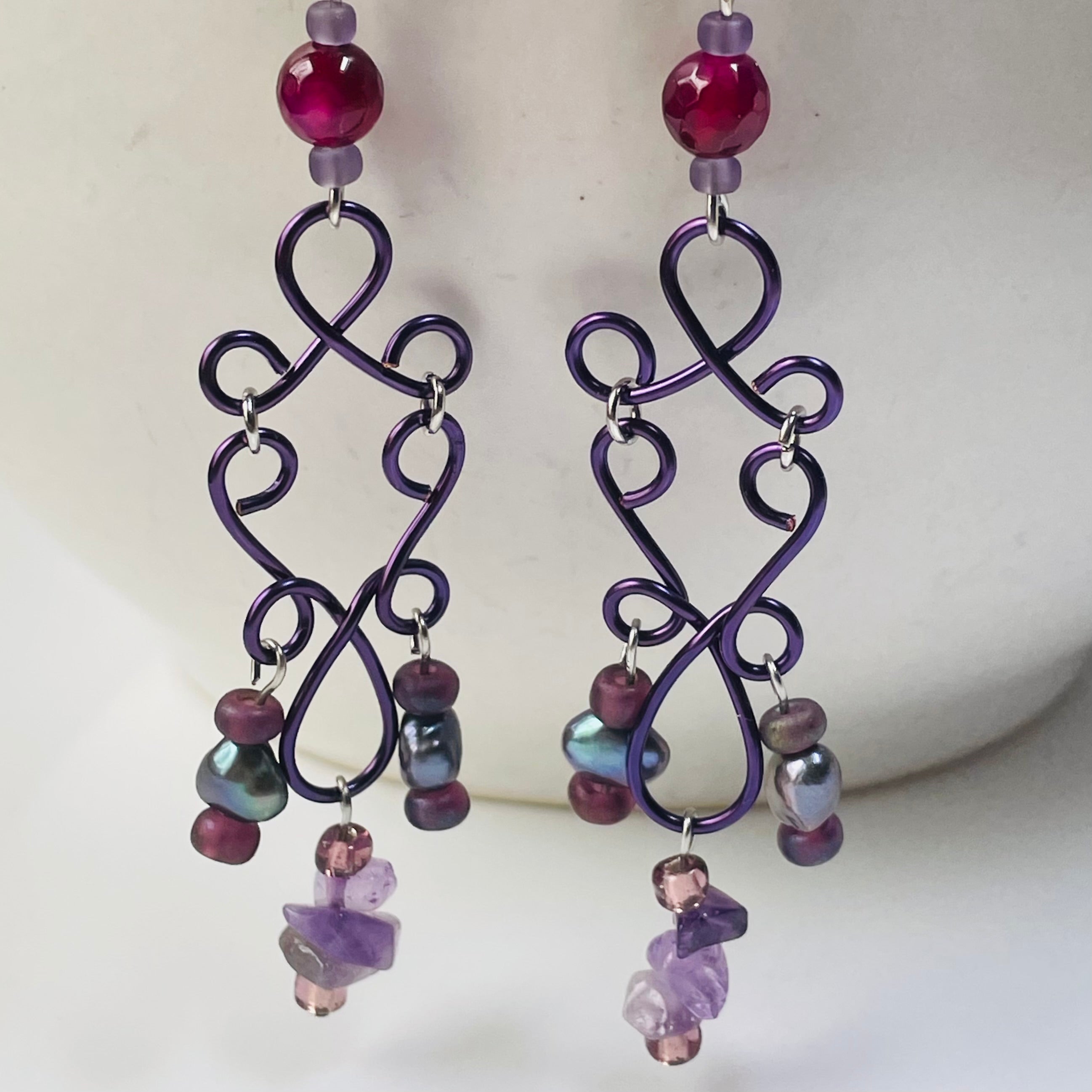 B’s Purple Dangling Wired Earrings with Freshwater Pearls and Agate
