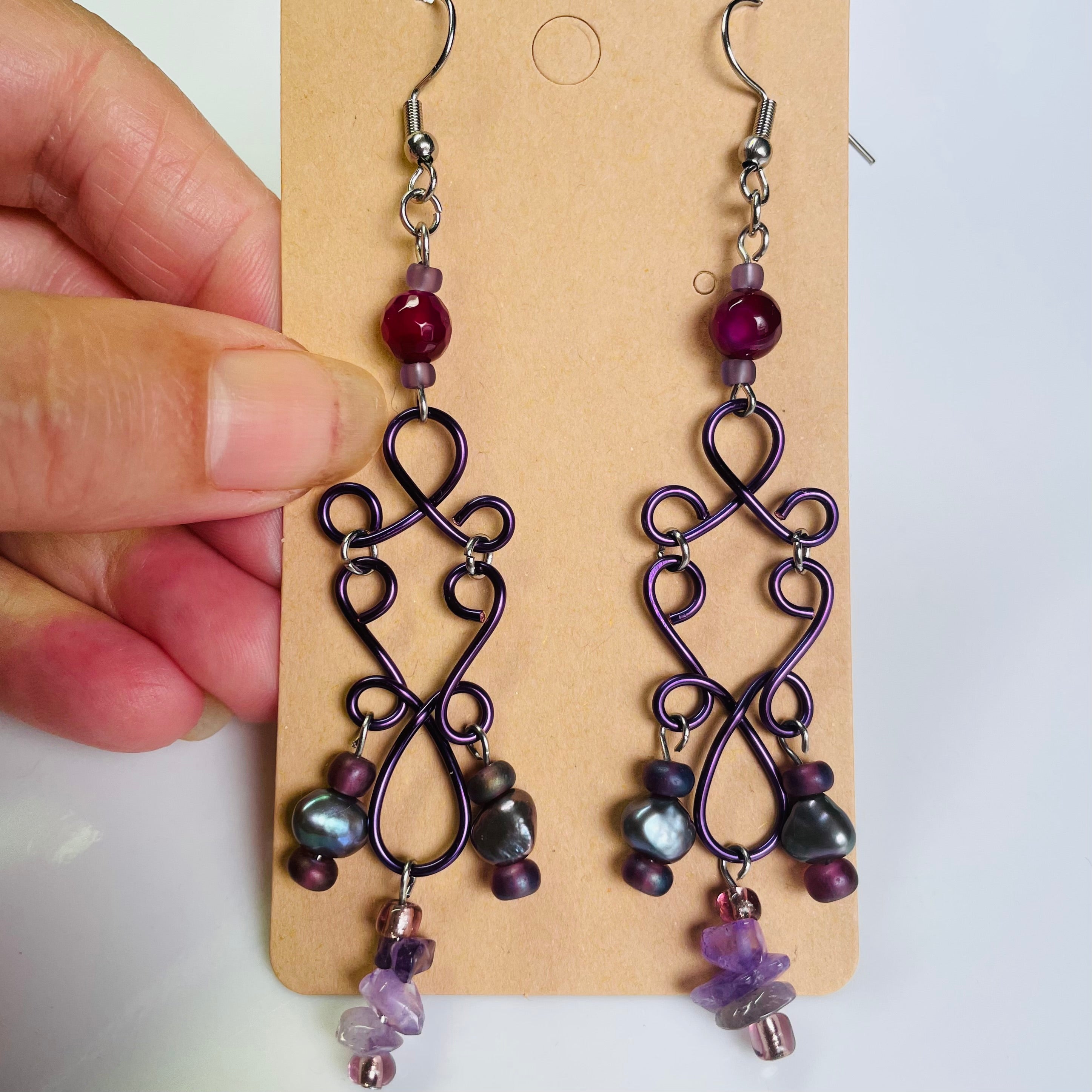 B’s Purple Dangling Wired Earrings with Freshwater Pearls and Agate
