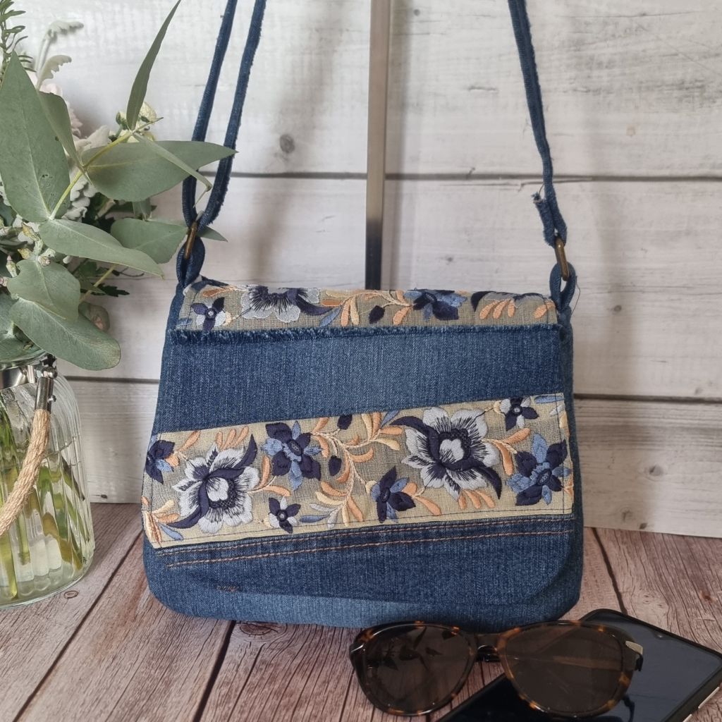 Upcycled small messenger bag - denim & sari border