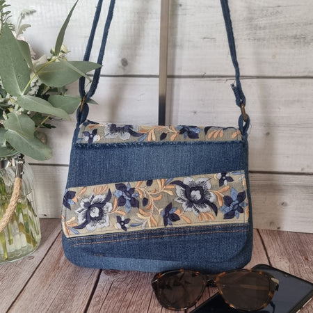 Upcycled small messenger bag - denim & sari border