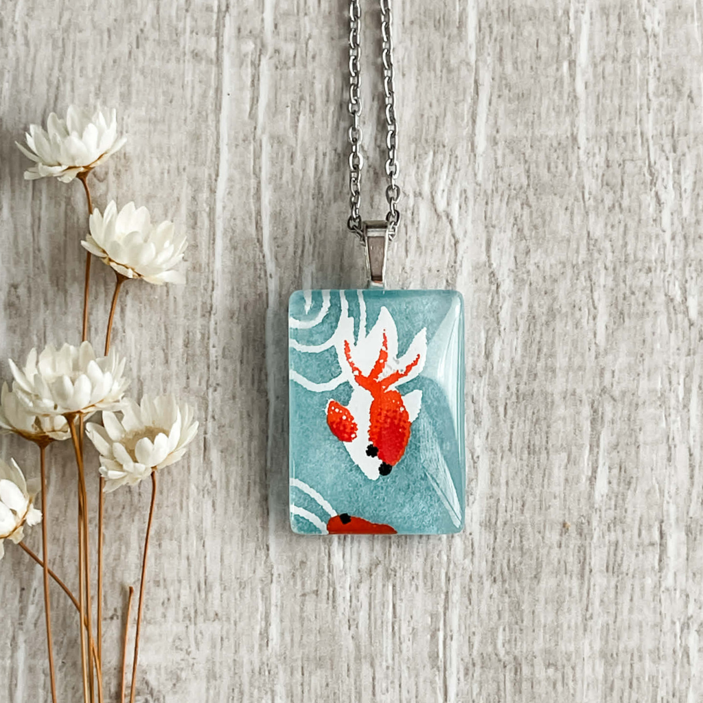Tiny Pendant Necklace with Koi Blue Fish Design • One of a Kind Handmade Necklace
