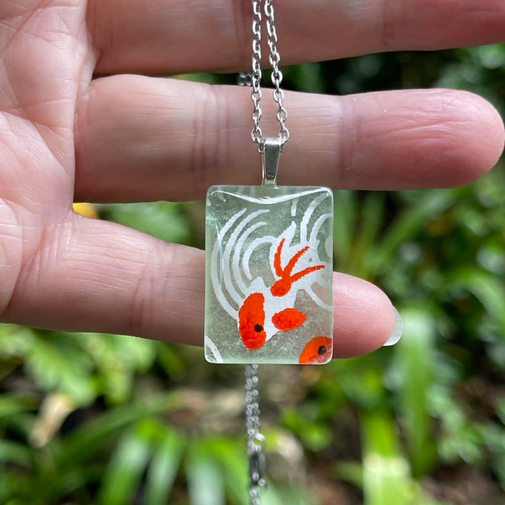 Small Little Necklace • Japanese Paper Green Koi Fish • One of a Kind Handmade Pendant