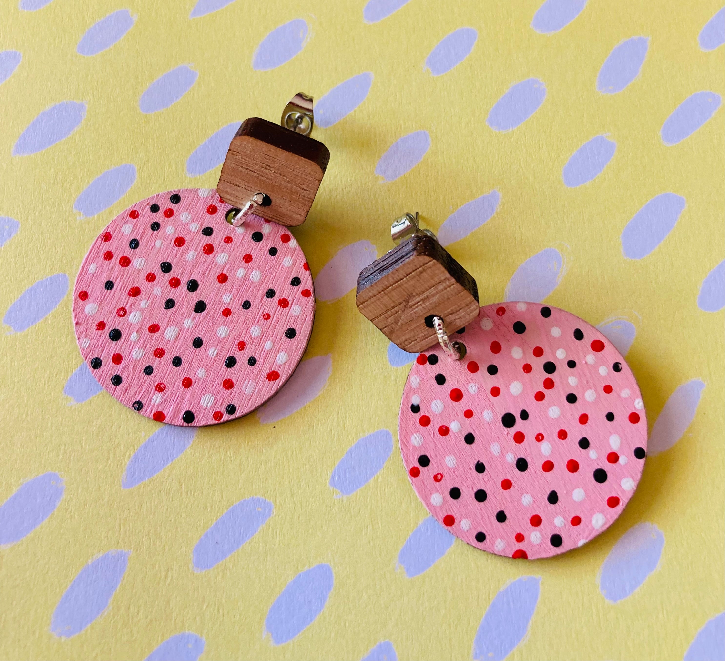 Handpainted red, pink, black & white earrings
