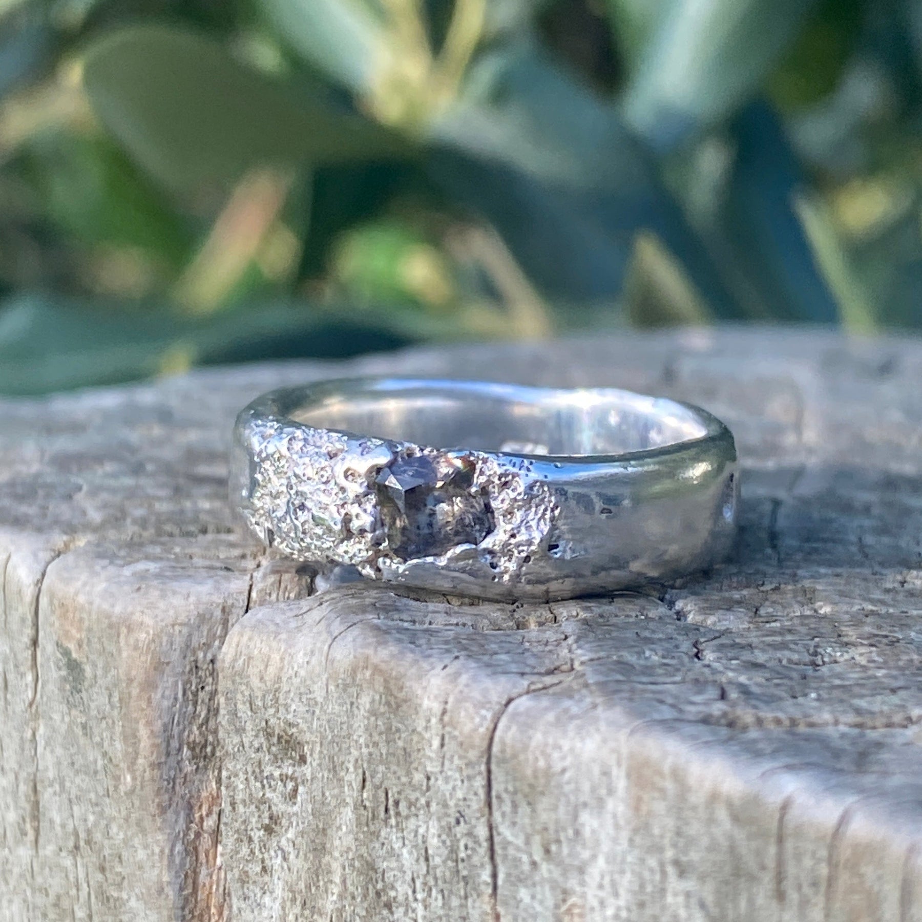 Rockpool Ring – Beach Sand Cast Sterling Silver & Smoky Nanosital – Size N