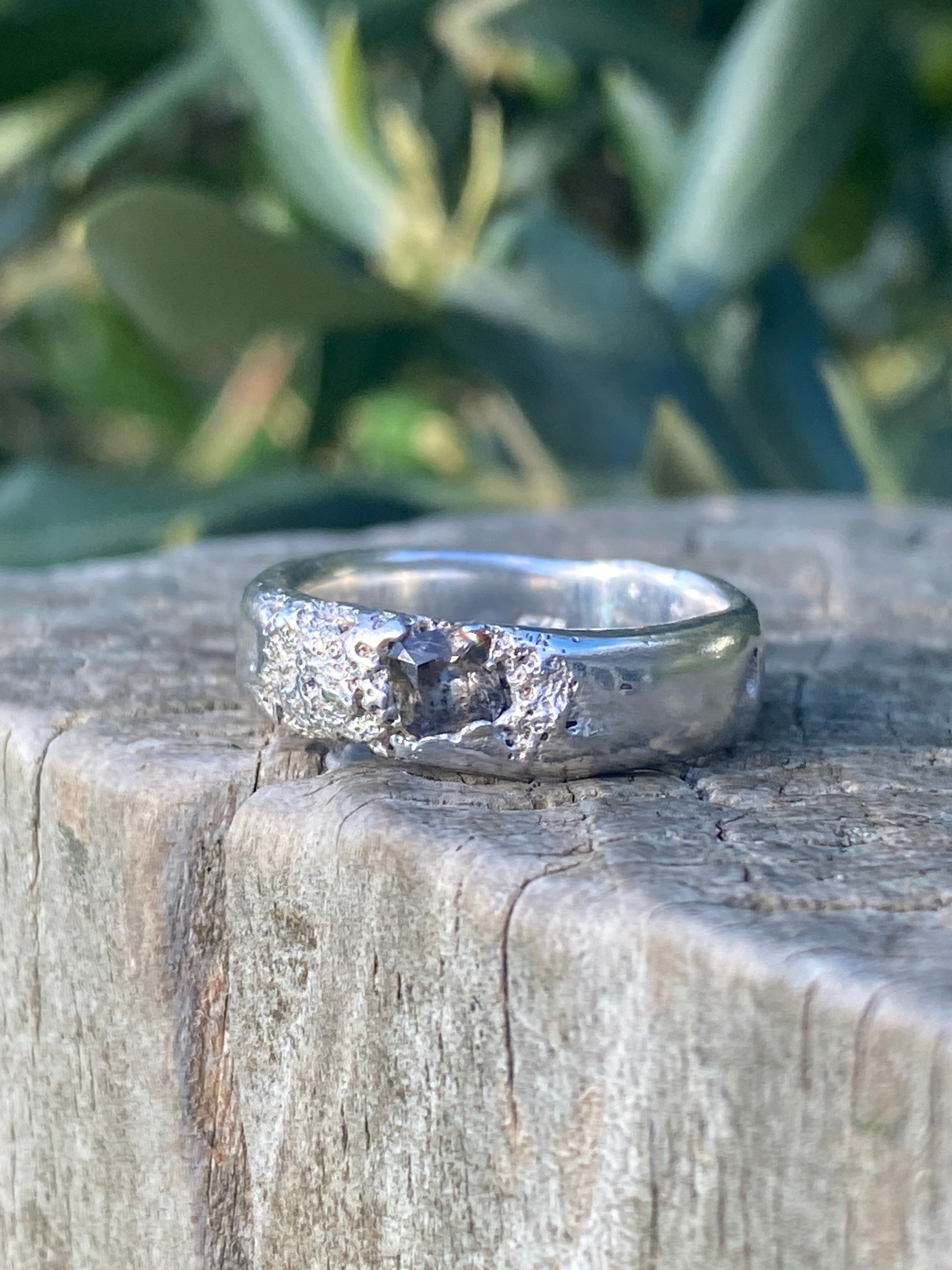 Rockpool Ring – Beach Sand Cast Sterling Silver & Smoky Nanosital – Size N