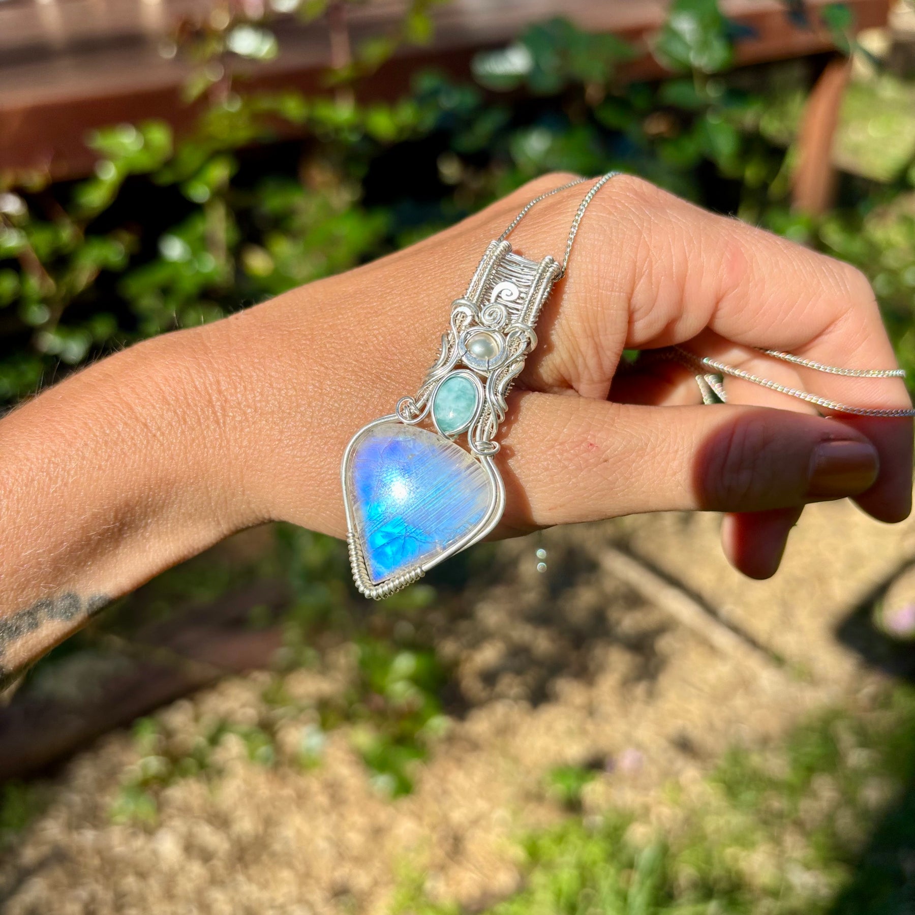 Moonstone, Larimar, Pearl, silver pendant