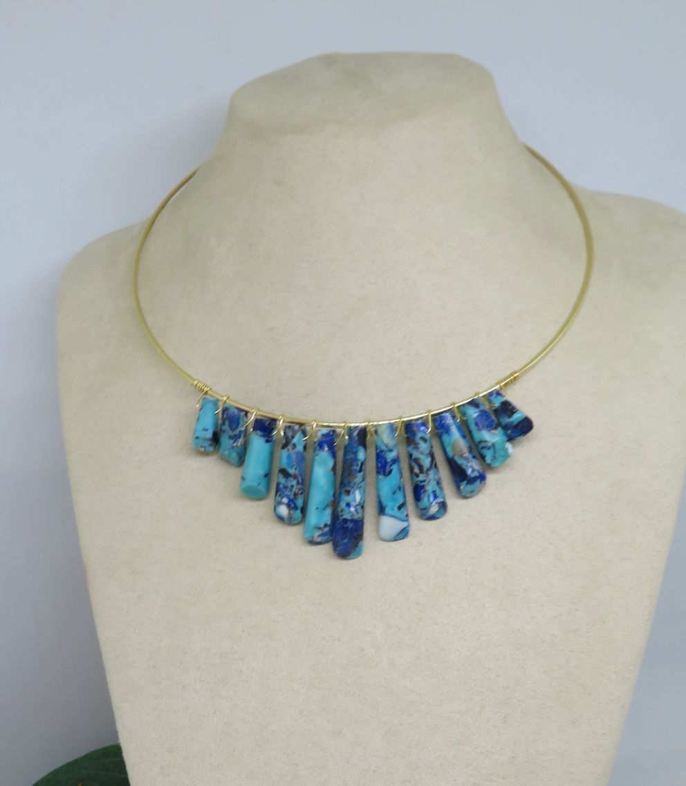 Bohemian Blue Wire Wrapped Gold Choker Necklace