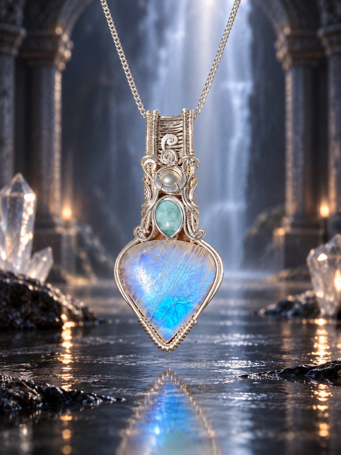 Moonstone, Larimar, Pearl, silver pendant