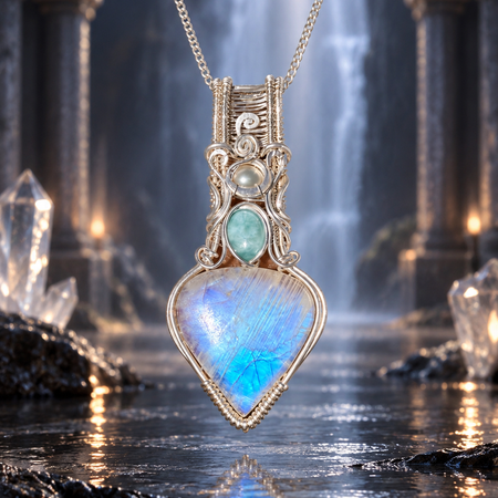 Moonstone, Larimar, Pearl, silver pendant