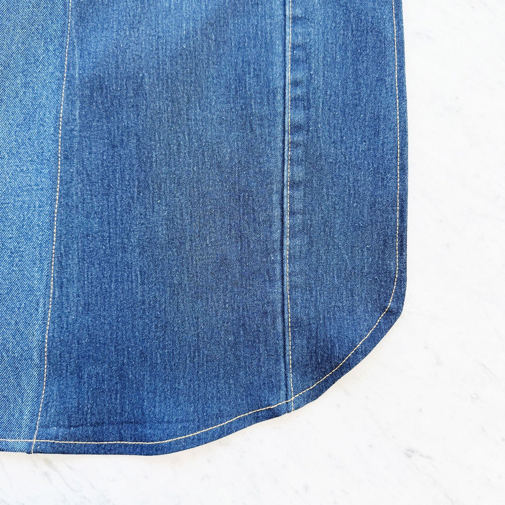 Up cycled denim Japanese style cross back kitchen apron. Crafting, gardening, no ties apron.