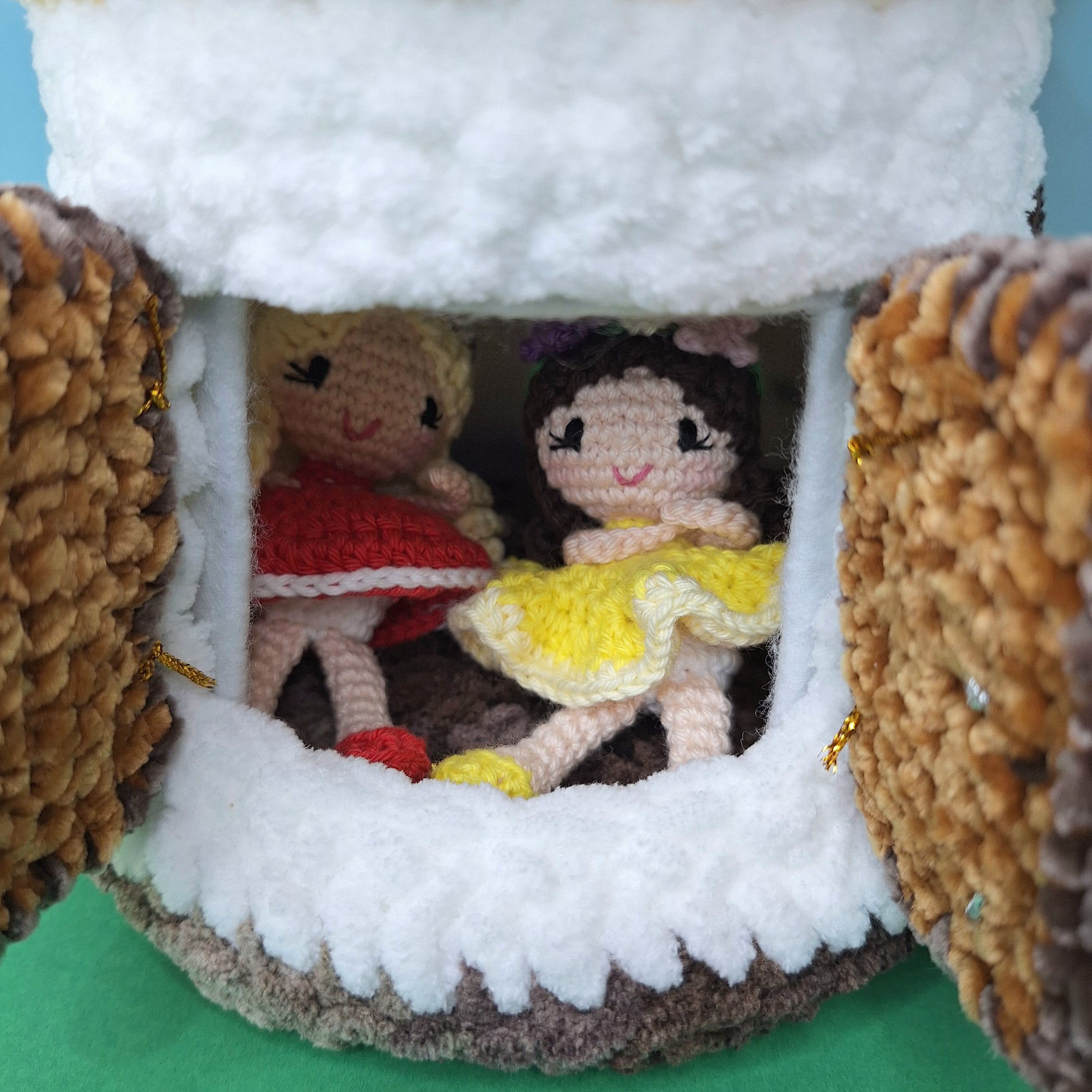 Crocheted Mushroom House Play Set with Two Fairies