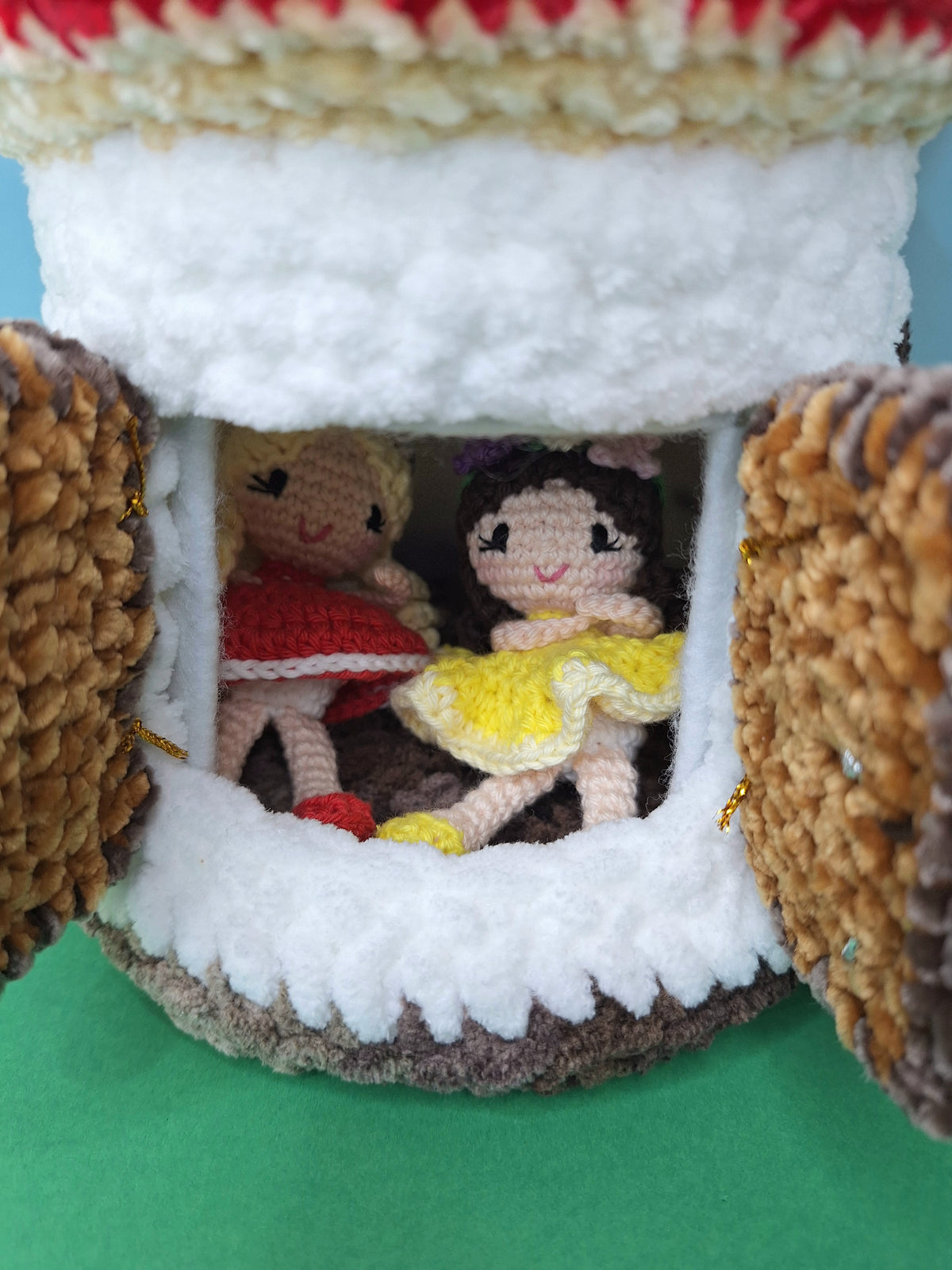Crocheted Mushroom House Play Set with Two Fairies
