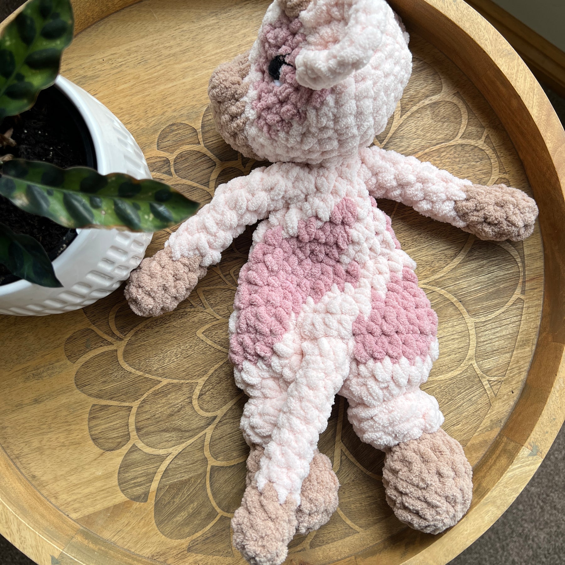Handmade pink crochet cow lovey snuggler baby safe.