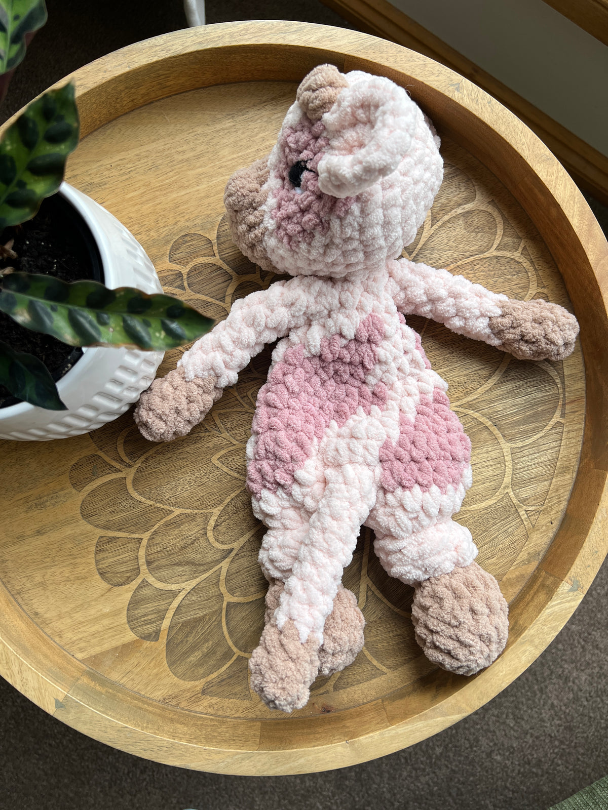 Handmade pink crochet cow lovey snuggler baby safe.