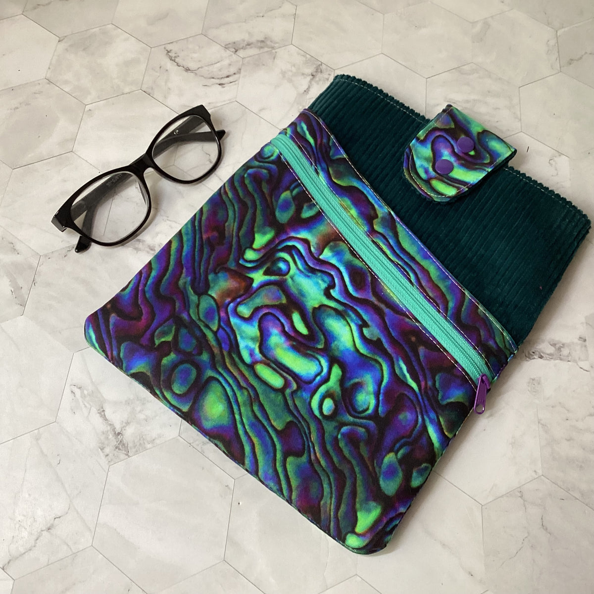 Paua Shell fabric book sleeve with 2 pockets. iPad, tablet pouch