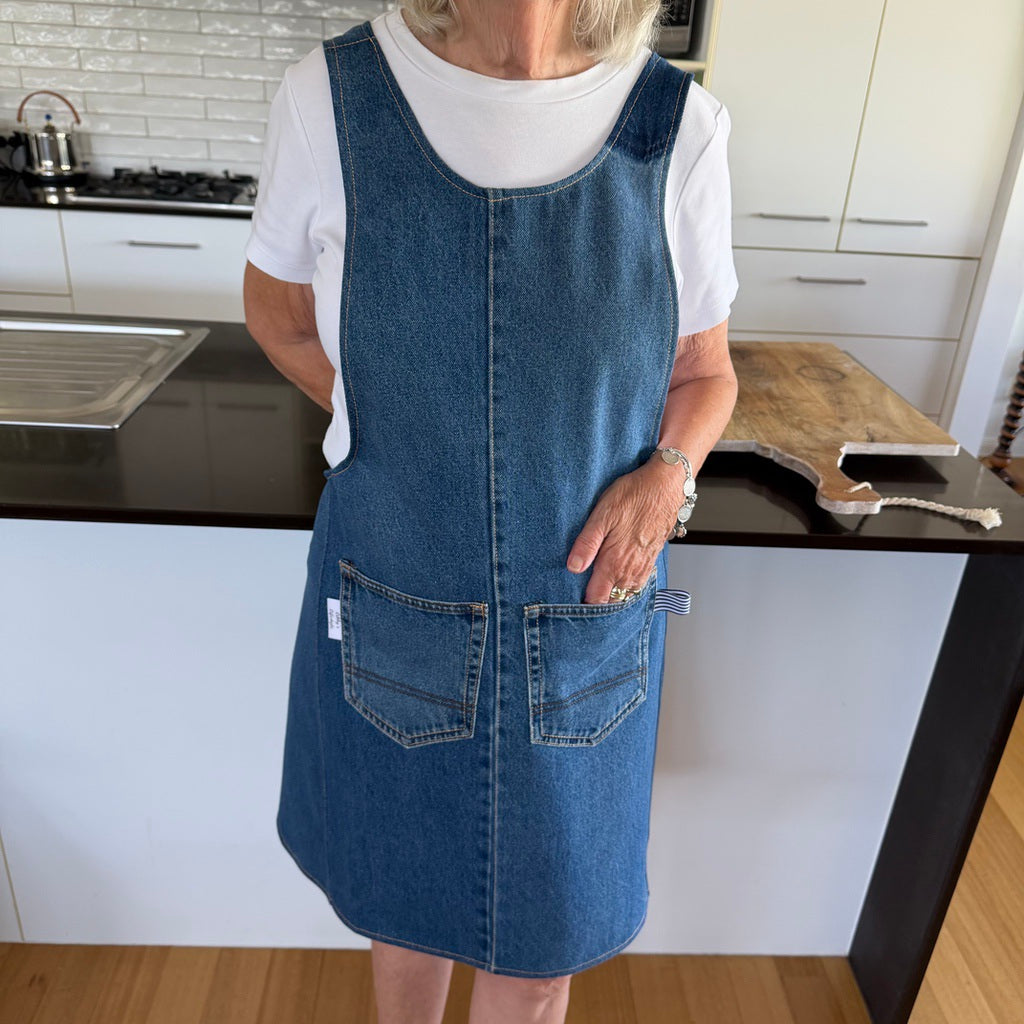 Up cycled denim Japanese style cross back kitchen apron. Crafting, gardening, no ties apron.