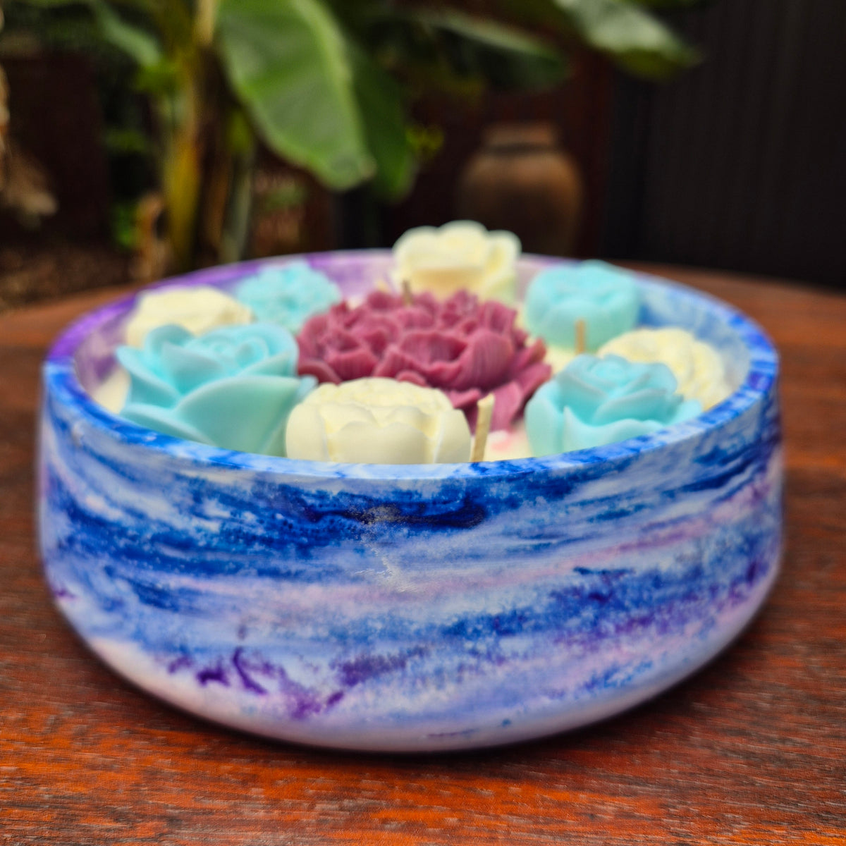 Large soy wax concrete bowl candle with burgundy peony and roses