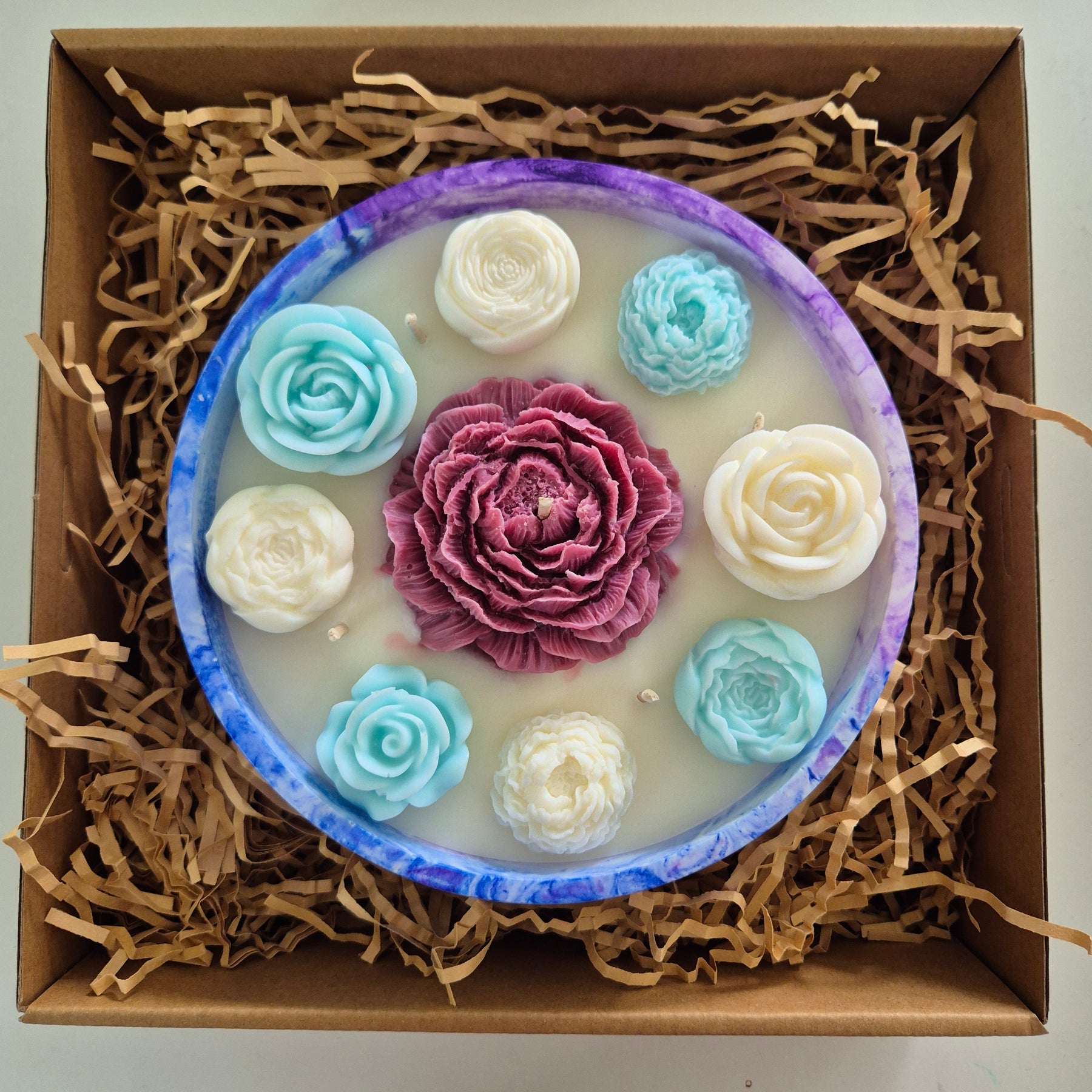 Large soy wax concrete bowl candle with burgundy peony and roses