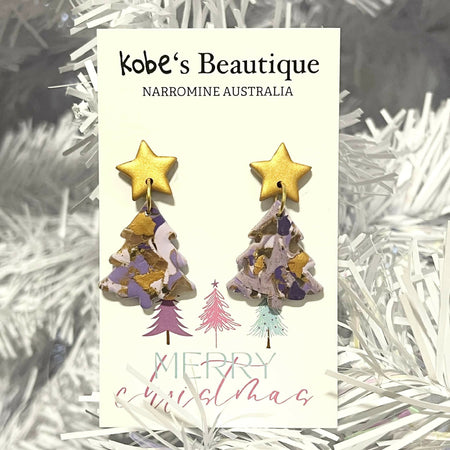 Purple and Gold Christmas Tree Earrings with Gold Star Tops