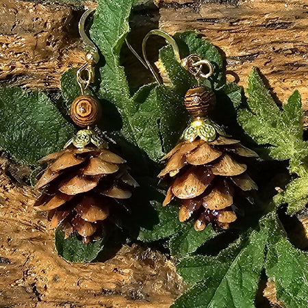 Unique Pinecone Earrings with Wooden Beads