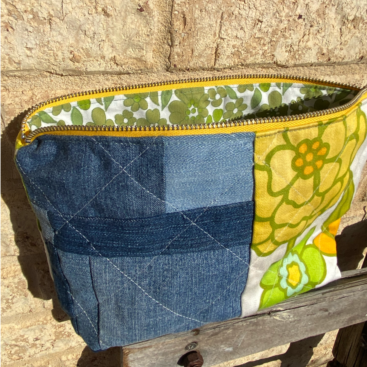 Handmade Pouch Cosmetic Bag Upcycled Vintage Retro Yellow Marigold